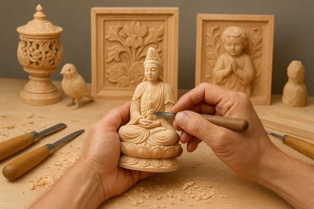 Professional woodcarver creating intricate details on basswood figurine with carving tools