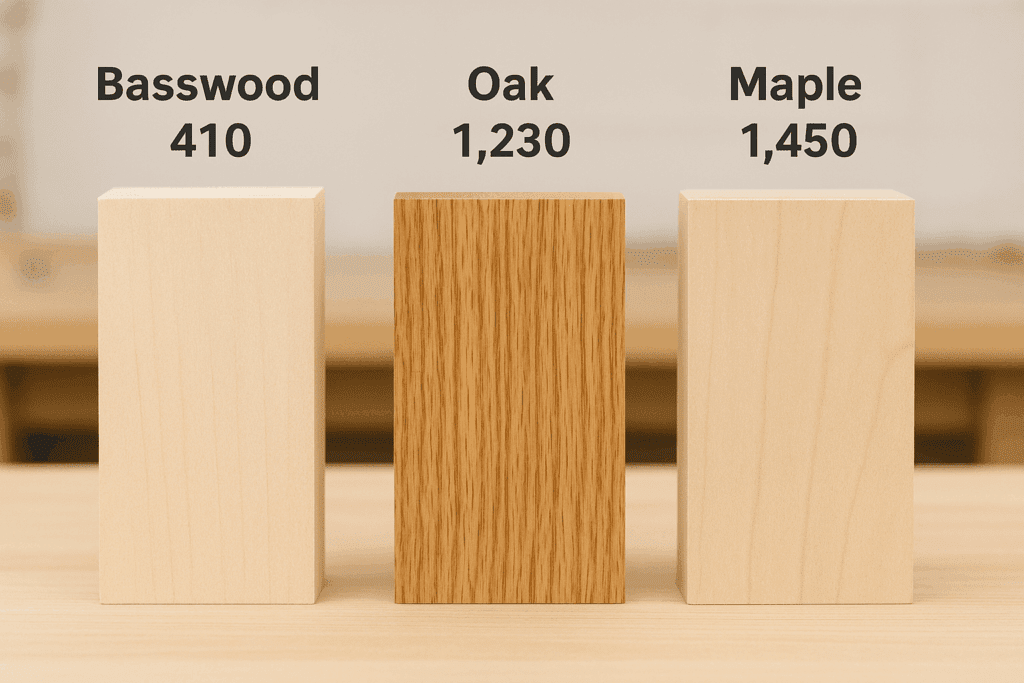 Wood density comparison showing basswood alongside oak and maple lumber pieces
