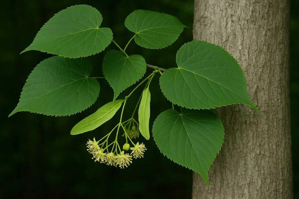 Close-up of basswood tree showing heart-shaped serrated leaves and smooth gray bark texture