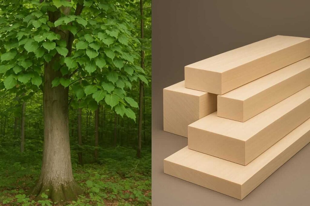 Basswood tree and lumber pieces showing light colored wood grain and texture