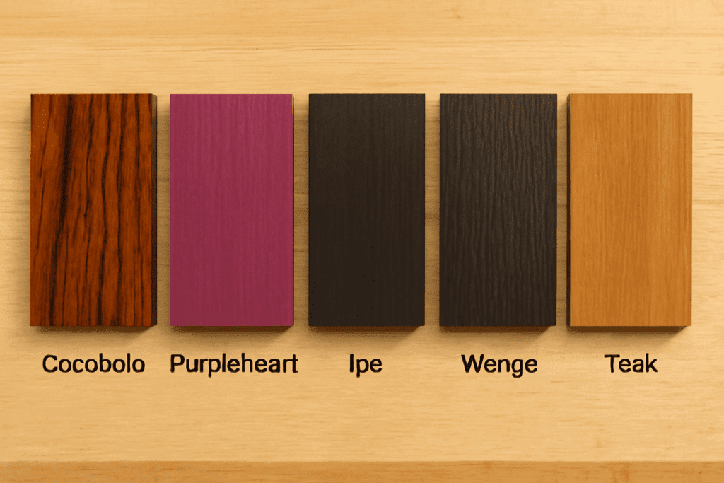 Professional comparison of cocobolo wood with purpleheart, ipe, wenge and teak showing different wood species and their relative hardness