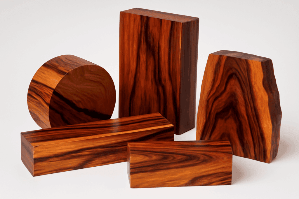 Cocobolo wood showing distinctive golden yellow to reddish-brown colors with dark streaks and irregular grain patterns