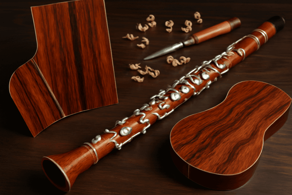 Professional cocobolo wood musical instruments including clarinet and guitar components showing the wood's use in high-end instrument making