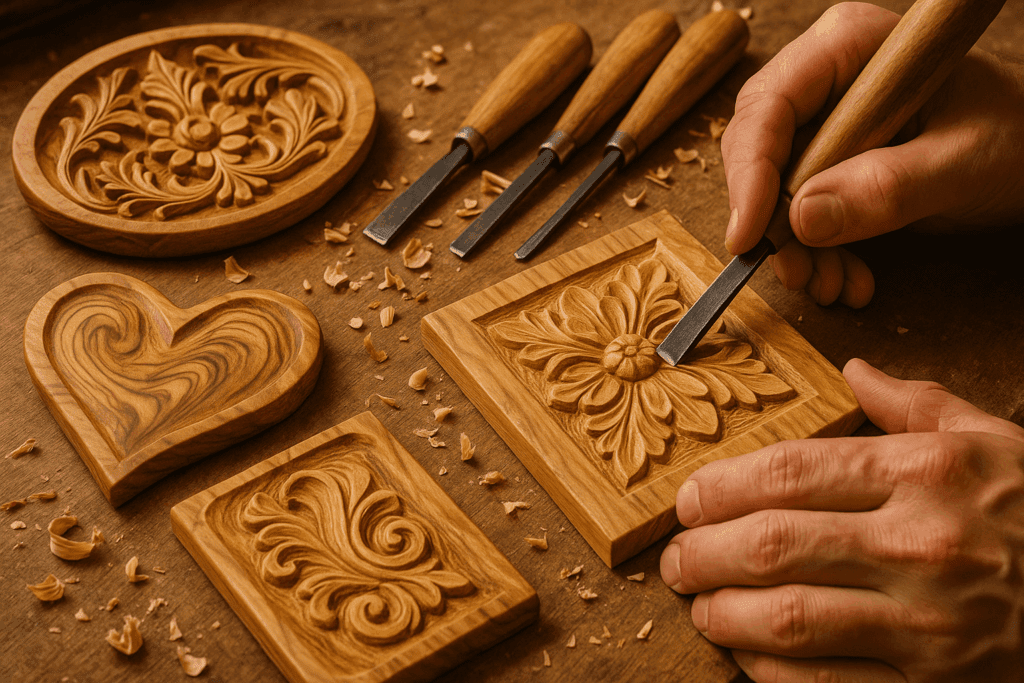 Artisanal olive wood carving process showing traditional carpentry techniques