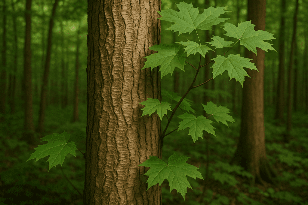 Curly maple tree showing bark texture and leaves