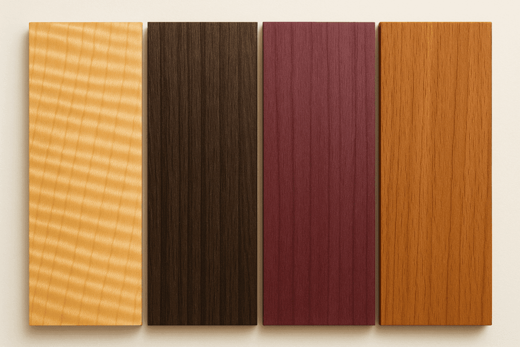 Comparison of curly maple wood with wenge, purpleheart, and teak samples