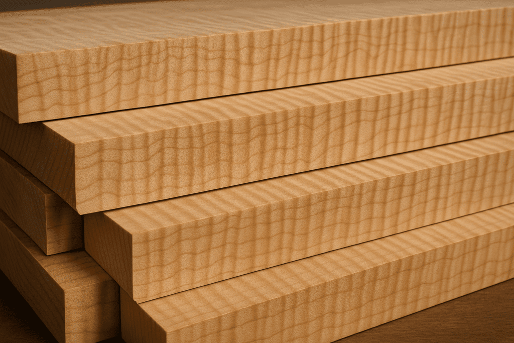 Curly maple wood planks showing distinctive curly grain pattern