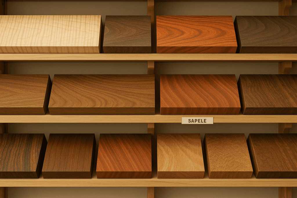 Collection of figured and specialty hardwoods showing unique grain patterns