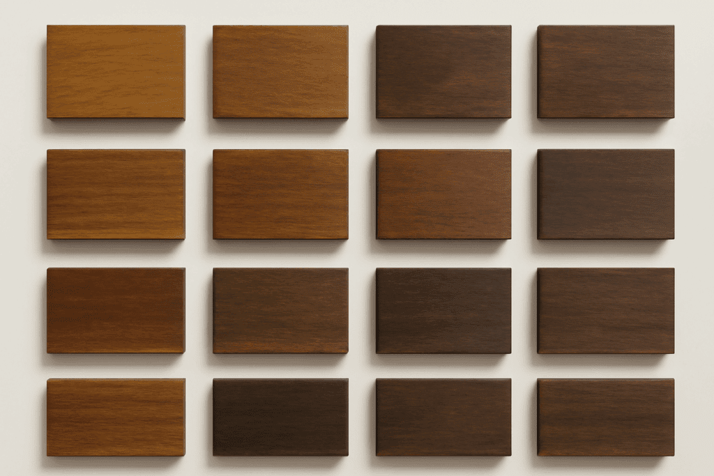 Array of ipe wood samples displaying natural color variations from golden brown to dark chocolate with reddish and greenish hues