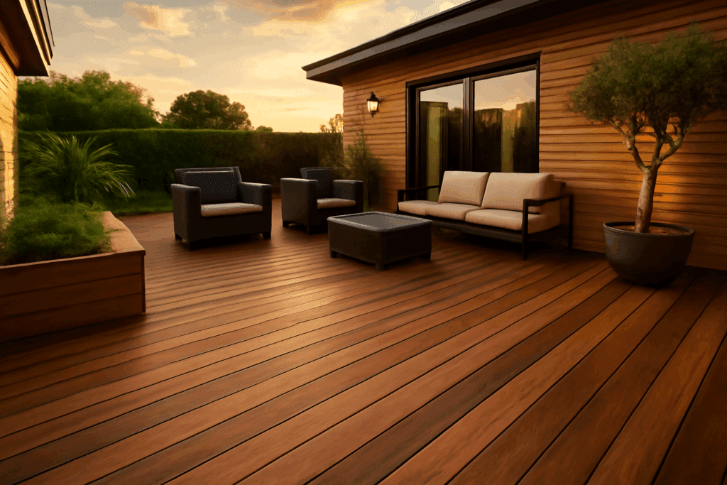 Premium ipe wood decking installation in modern luxury outdoor living space showing durability and aesthetic appeal