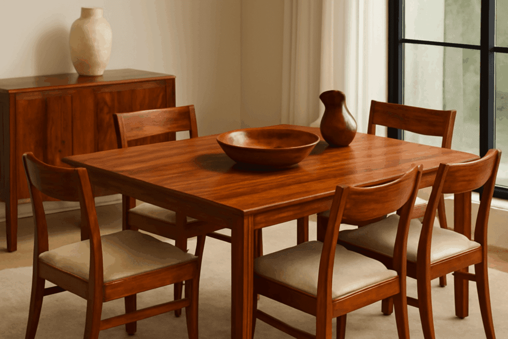 Luxury cocobolo wood furniture collection featuring table, chair and decorative items showcasing the wood's natural beauty and craftsmanship