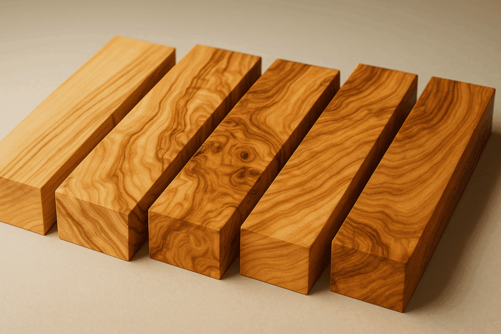 Natural color variations in olive wood showing shades from creamy yellow to golden brown