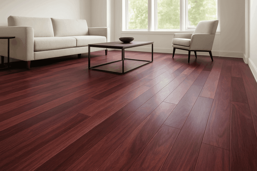 Purpleheart hardwood flooring installed in modern living room showcasing deep purple-red wood grain