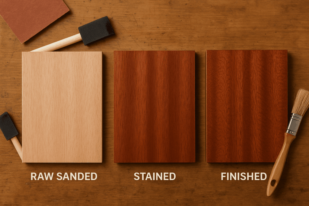 Sapele wood finishing process showing sanding, staining and final finish application stages