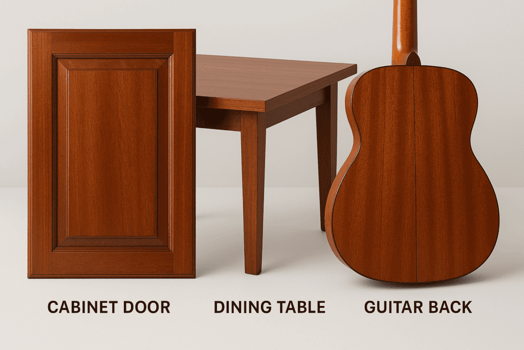 Various sapele wood furniture pieces including cabinet doors, table top, and musical instrument