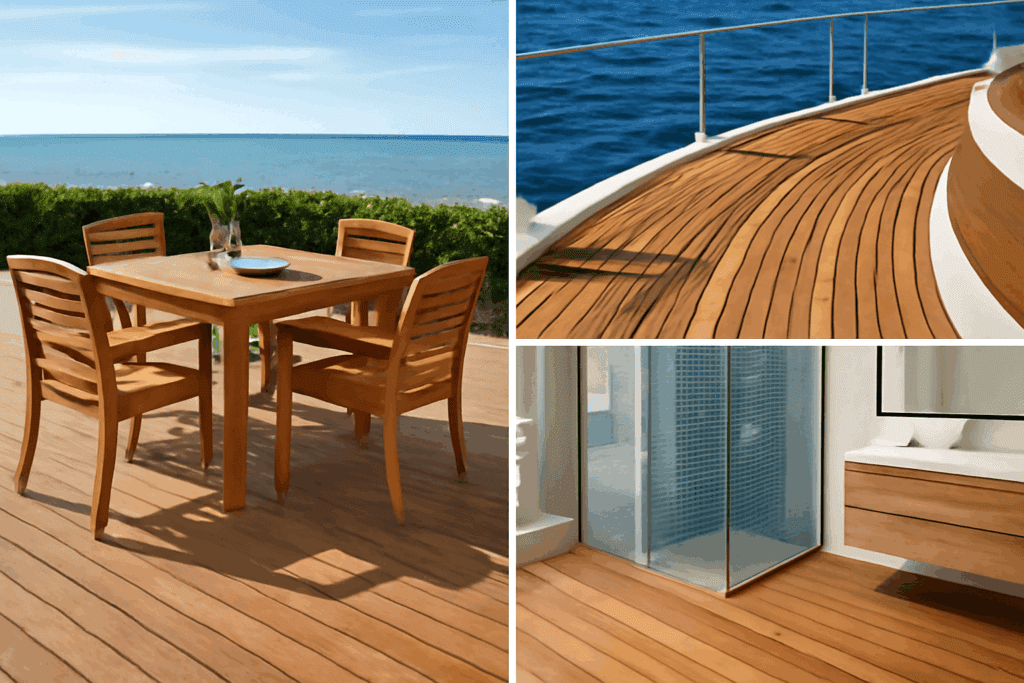 Teak wood applications showing outdoor dining furniture on waterfront deck, luxury yacht teak decking, and modern bathroom with teak flooring demonstrating water resistance and durability
