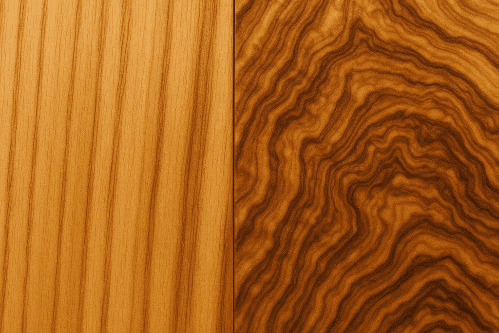 Comparison of straight and figured grain patterns in Mediterranean olive wood