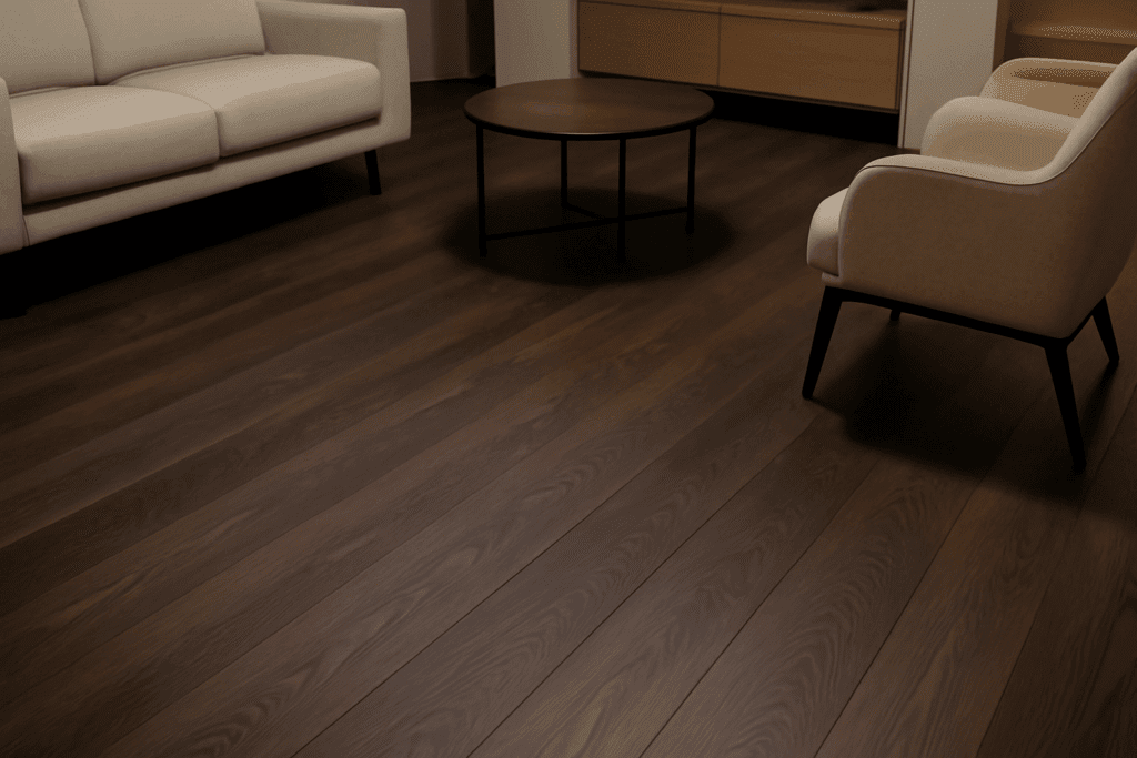 Wenge hardwood flooring installation in modern living room showing dark grain patterns