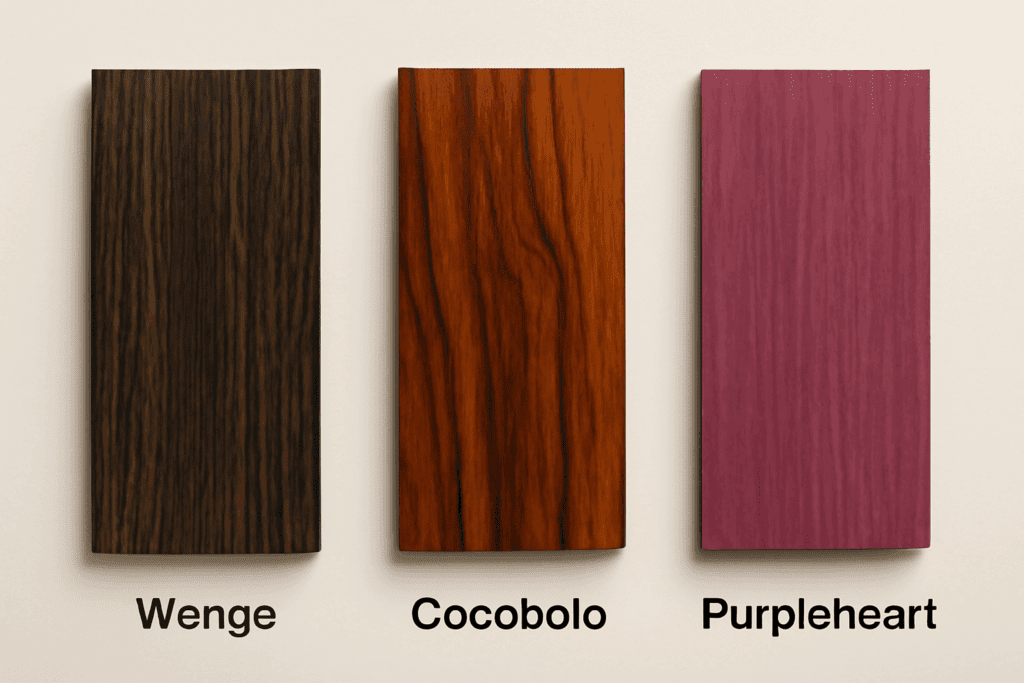 Wenge wood sample compared to other exotic hardwoods showing color and grain differences