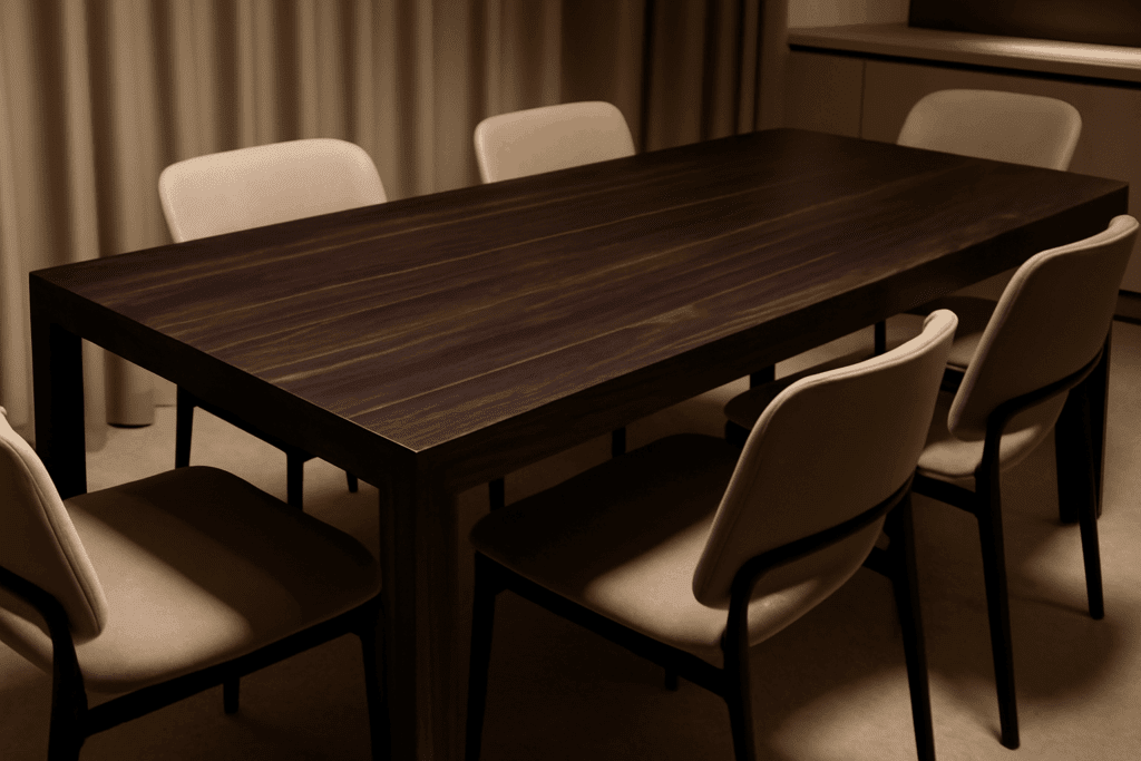 Modern wenge wood dining table showing the dark rich grain in contemporary interior setting