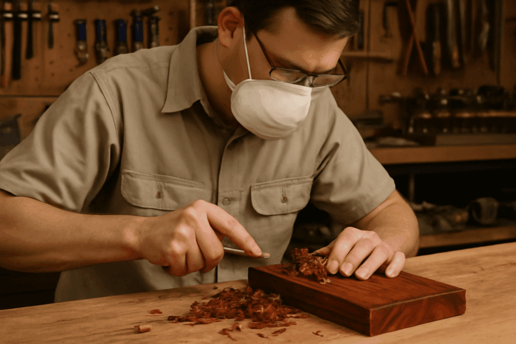 Professional woodworker using specialized tools to work with cocobolo wood showing proper techniques and safety equipment